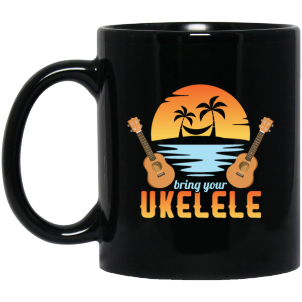Funny Ukulele Beside The Beach And Palm Tree Hawaiian Musician Black Mug