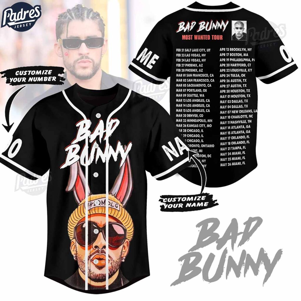 Bad Bunny Most Wanted Tour Gift Custom Black Baseball Jersey Bad Bunny Most Wanted Tour Gift Custom Black Baseball Jersey