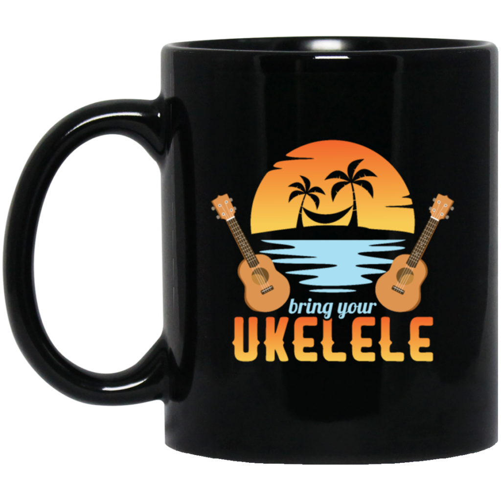Funny Ukulele Beside The Beach And Palm Tree Hawaiian Musician Black Mug Funny Ukulele Beside The Beach And Palm Tree Hawaiian Musician Black Mug