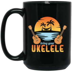 Funny Ukulele Beside The Beach And Palm Tree Hawaiian Musician Black Mug 1