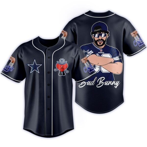 Dallas Cowboys Jersey American Football Team Dallas Cowboys Symbol Bad Bunny Graphic Blue Jersey Shirt Dallas Cowboys Baseball Jersey For Men