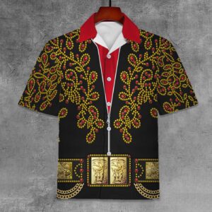 Elvis Spanish Flower Black With Red Stones Unisex Hawaiian Shirt 1