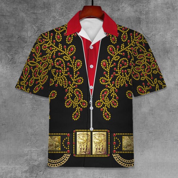 Elvis Spanish Flower Black With Red Stones Unisex Hawaiian Shirt