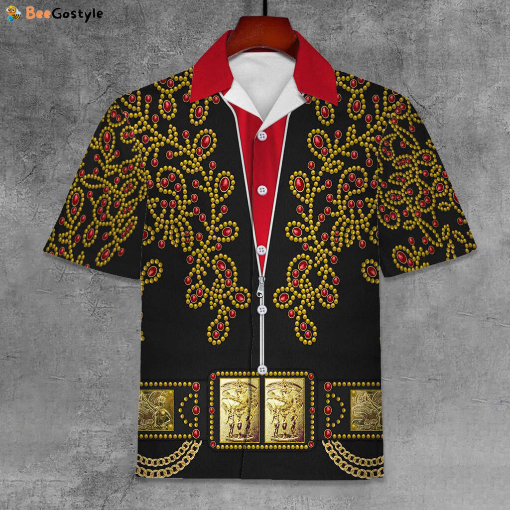 Elvis Spanish Flower Black With Red Stones Unisex Hawaiian Shirt Elvis Spanish Flower Black With Red Stones Unisex Hawaiian Shirt