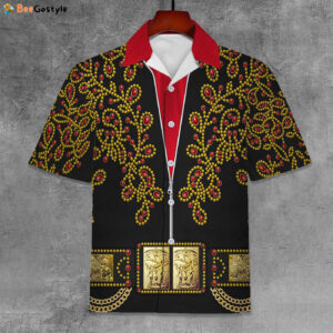Elvis Spanish Flower Black With Red Stones Unisex Hawaiian Shirt