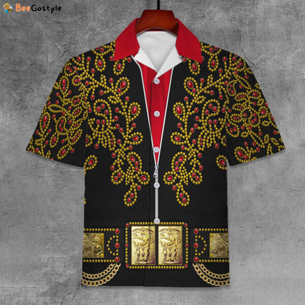 Elvis Spanish Flower Black With Red Stones Unisex Hawaiian Shirt